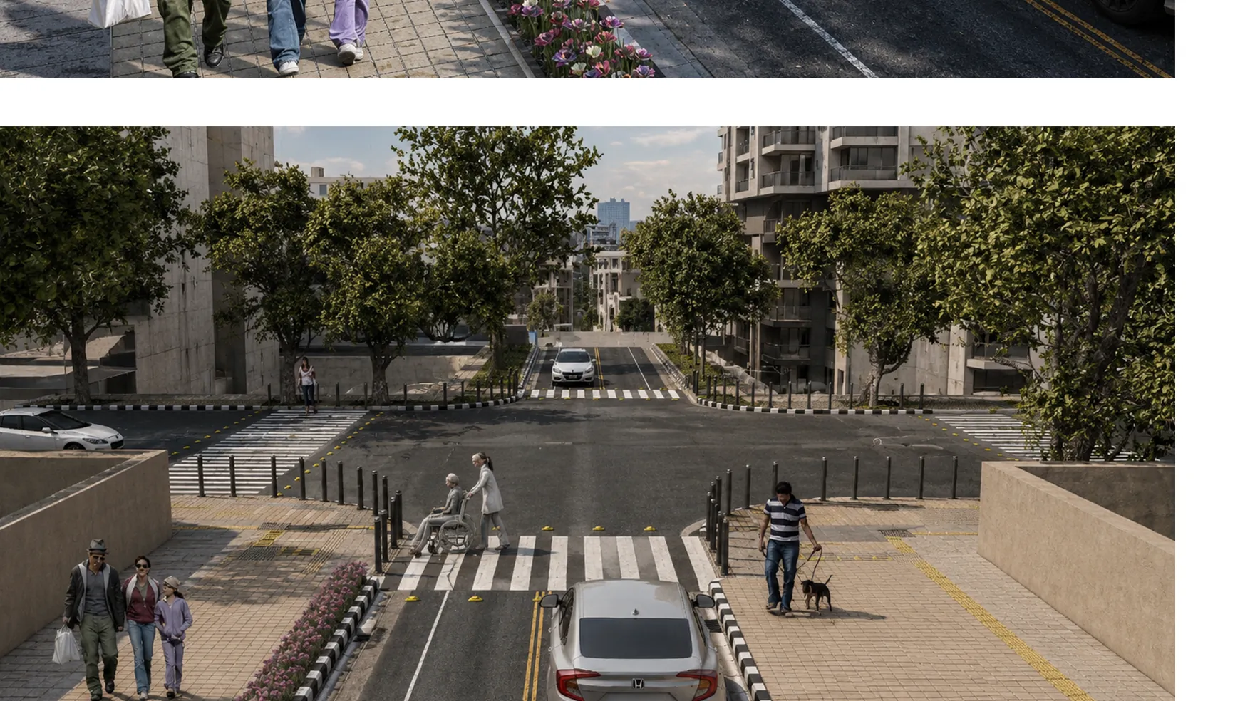 Street-level view of Nadiyona pedestrian interventions
