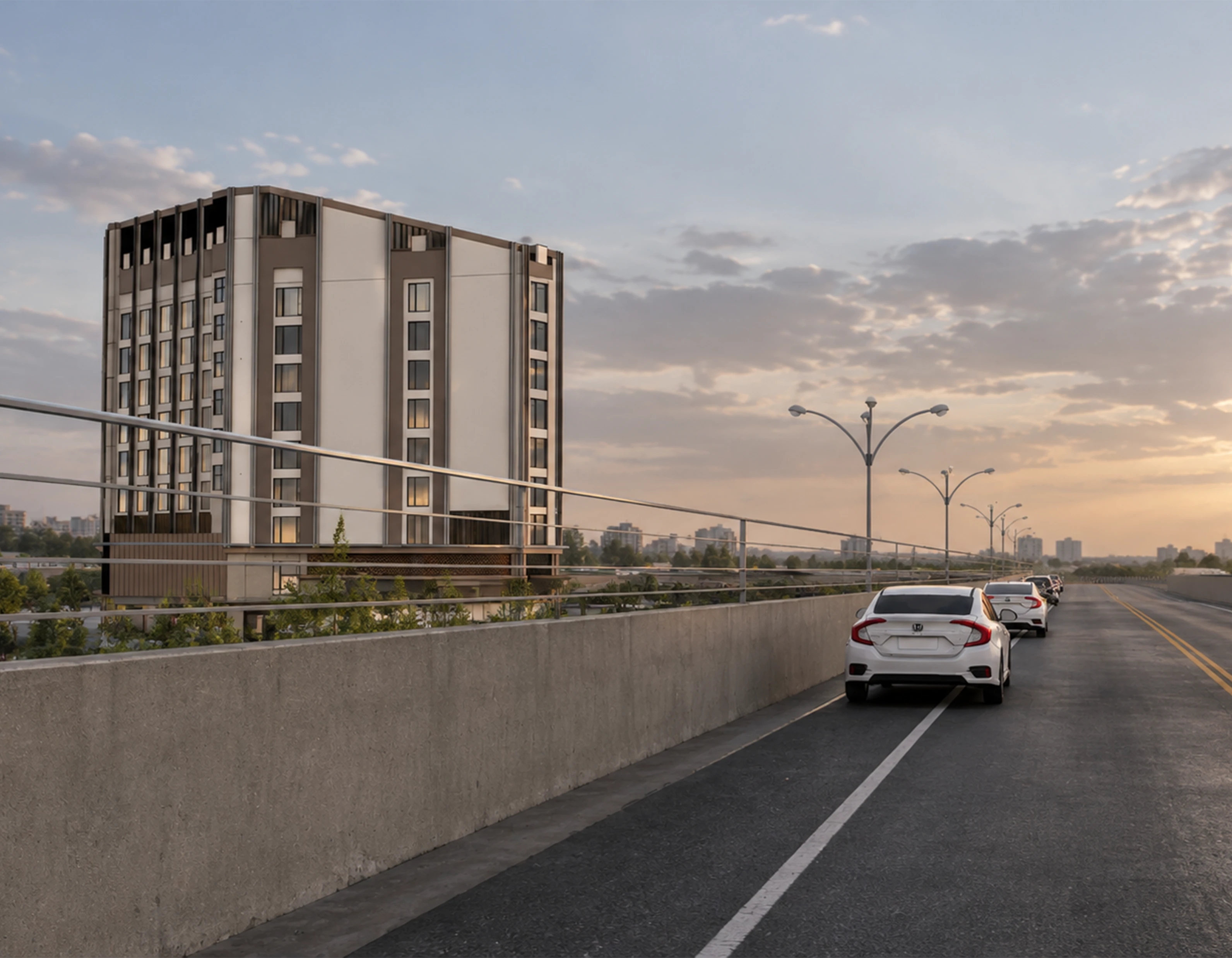 Hotel building elevation beside the Outer Ring Road flyover, RGA Group