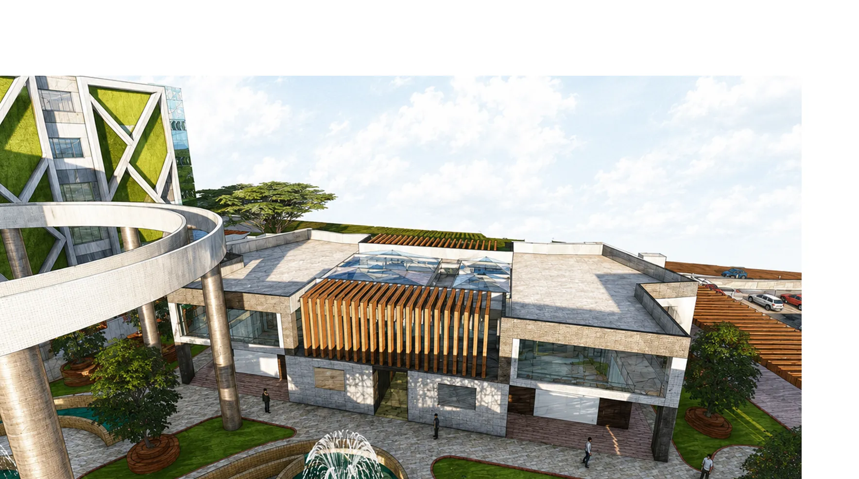 Aerial perspective of the vertical farming centre with courtyard, Chandigarh