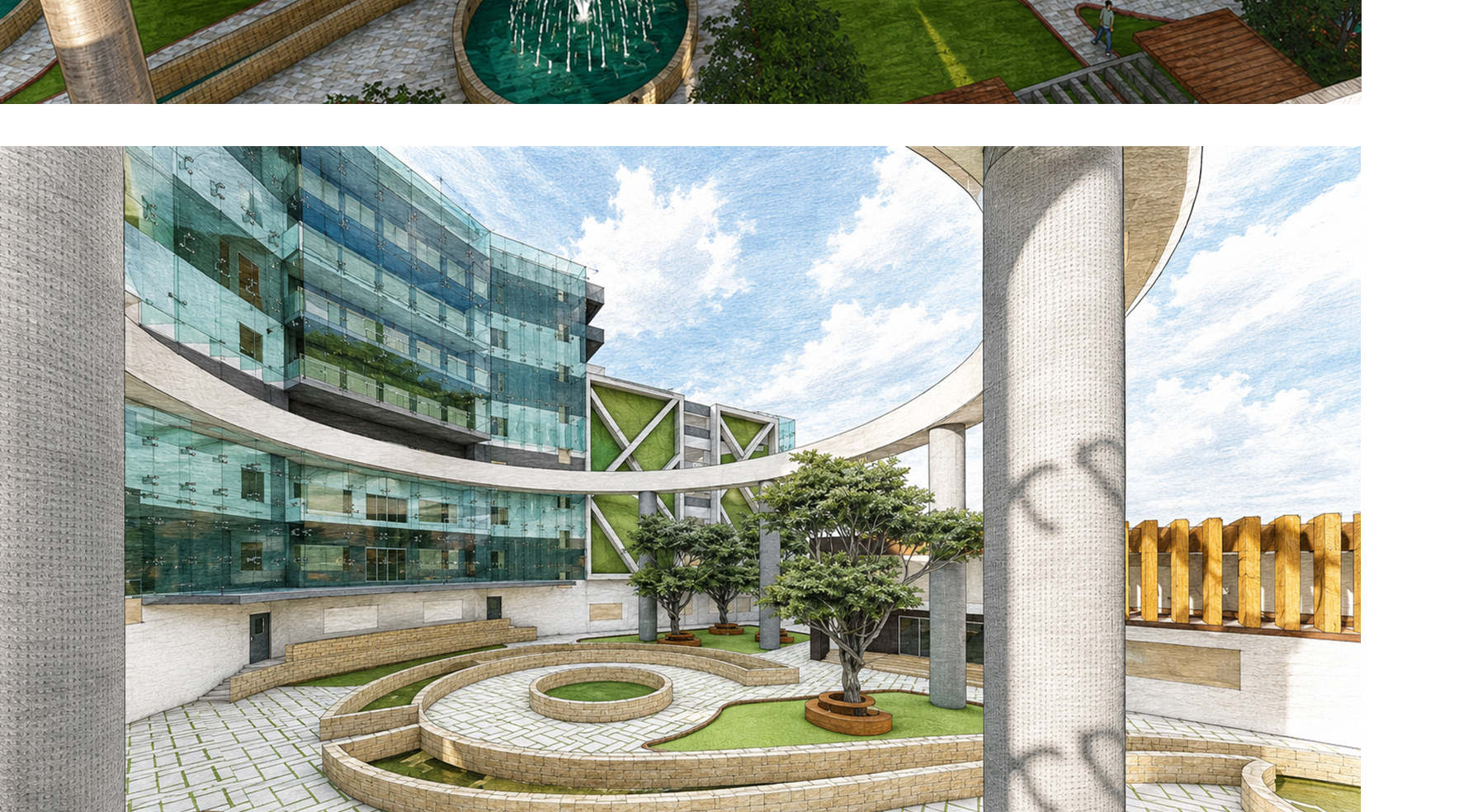 Ground-level courtyard perspective, Vertical Farming thesis — enlarged
